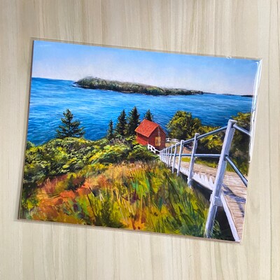 Looking Back; Owl's Head: 8x10 New England Ocean Wall Art Print, Painting at Coastal Maine Lighthouse, Pastel Landscape Artist - image1